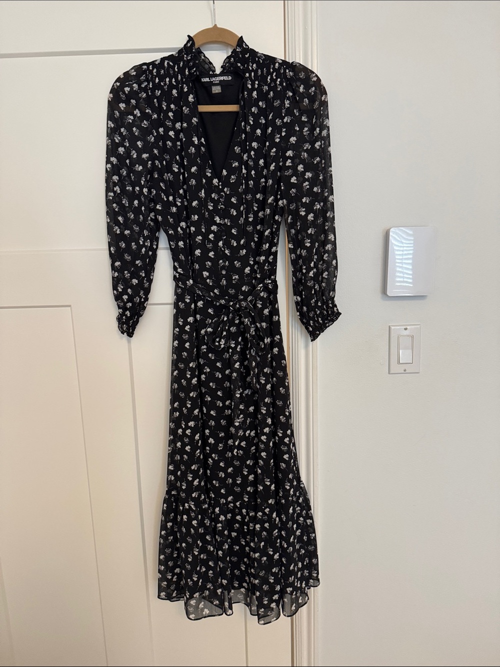 Karl Lagerfeld Black Midi Dress with White Floral Print and Tie Waist